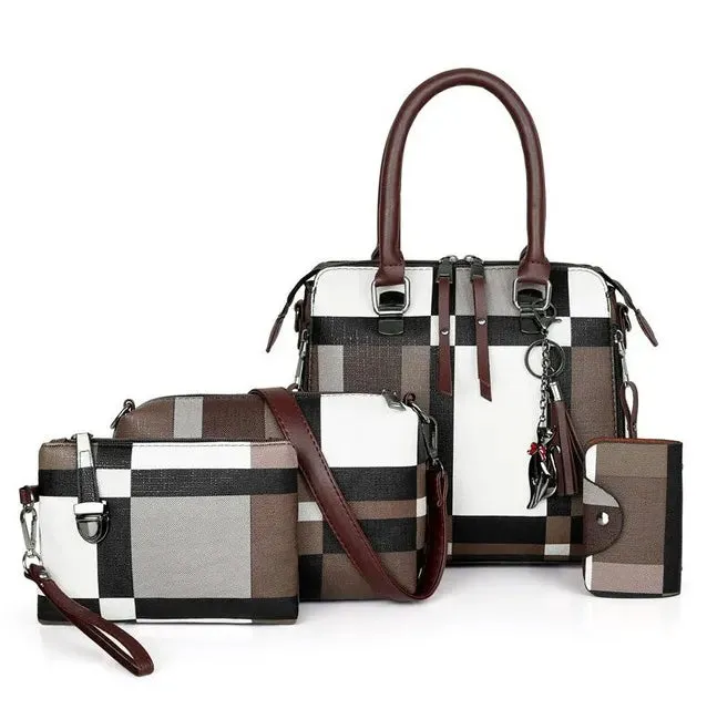 Modern Plaid Handbag Set with Tassel Accents