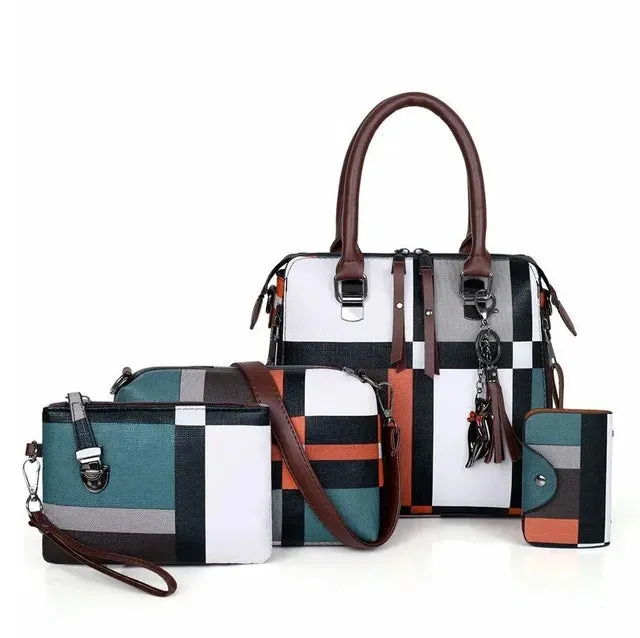 Modern Plaid Handbag Set with Tassel Accents