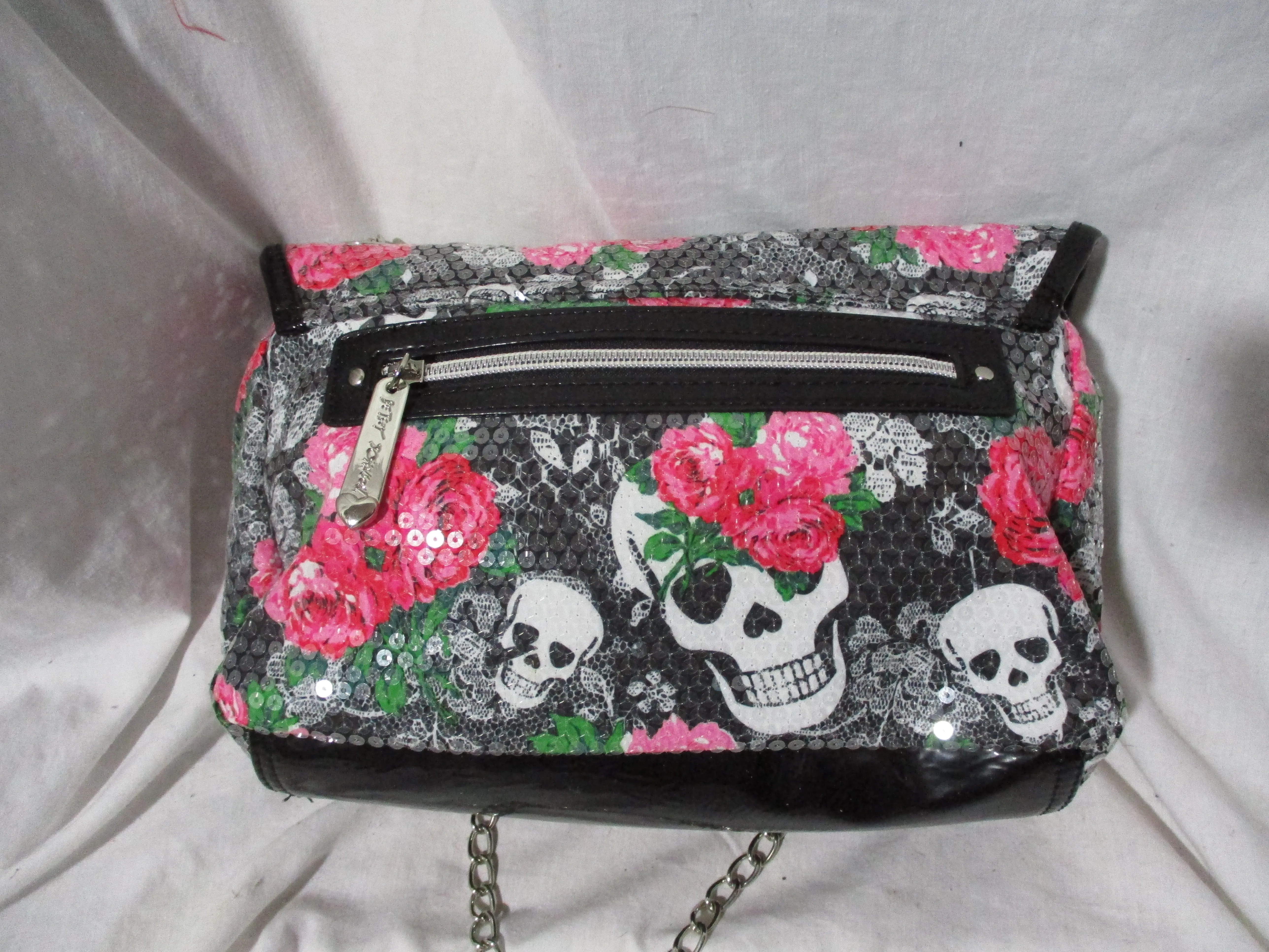 NEW BETSEY JOHNSON Sequin Skull Rose Satchel Shoulder Bag BLACK Hipster