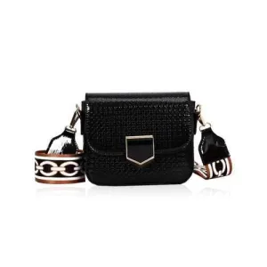 Printed Strap Embossed Shoulder Bag - Black