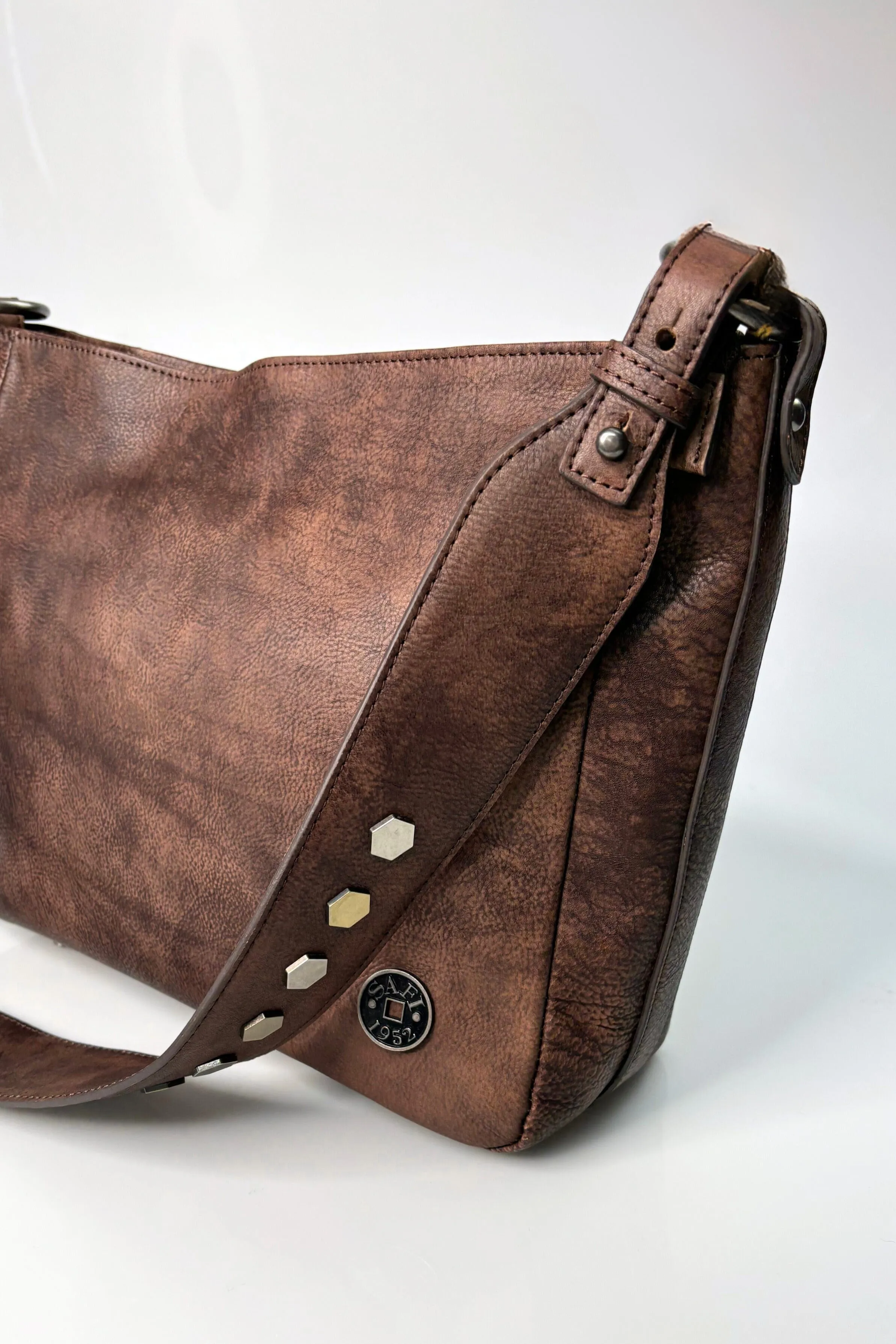 Safi 1952 Genuine Leather Handbag with Thick Hexagon Studded Strap