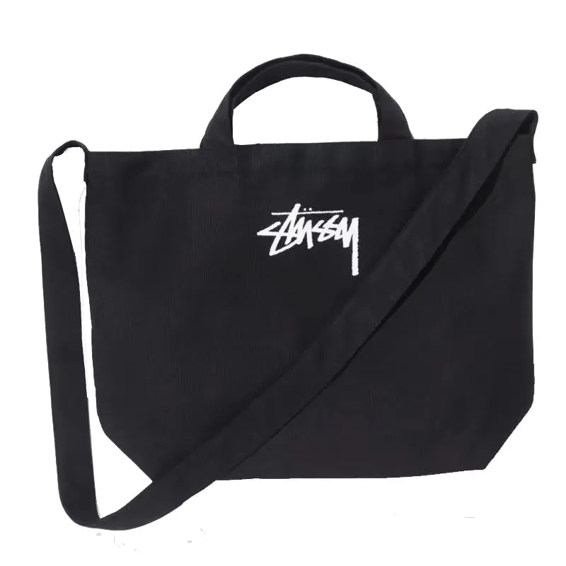 Stussy Handbag Black Pure Cotton Canvas Bag Shoulder Portable