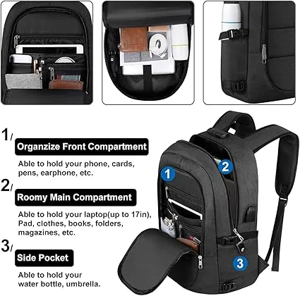 VSNOON Anti-Theft Laptop Backpack, 15.6-17.3 inch Business Laptop Rucksack Bag with USB Charging Port & Lock, Water Resistant Travel Backpack Computer Bag for Women Men, Black