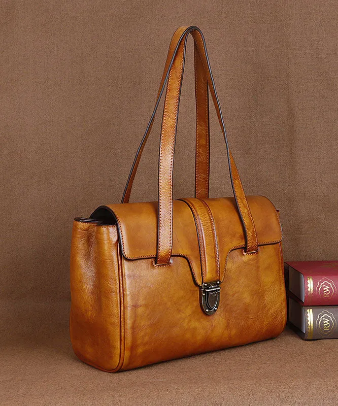 Yellow Fashion trend Paitings Calf Leather Tote Handbag